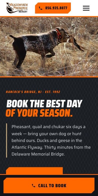 Meadowview Preserve website on a phone, with the sticky orange Call to Book button at the bottom of the screen
